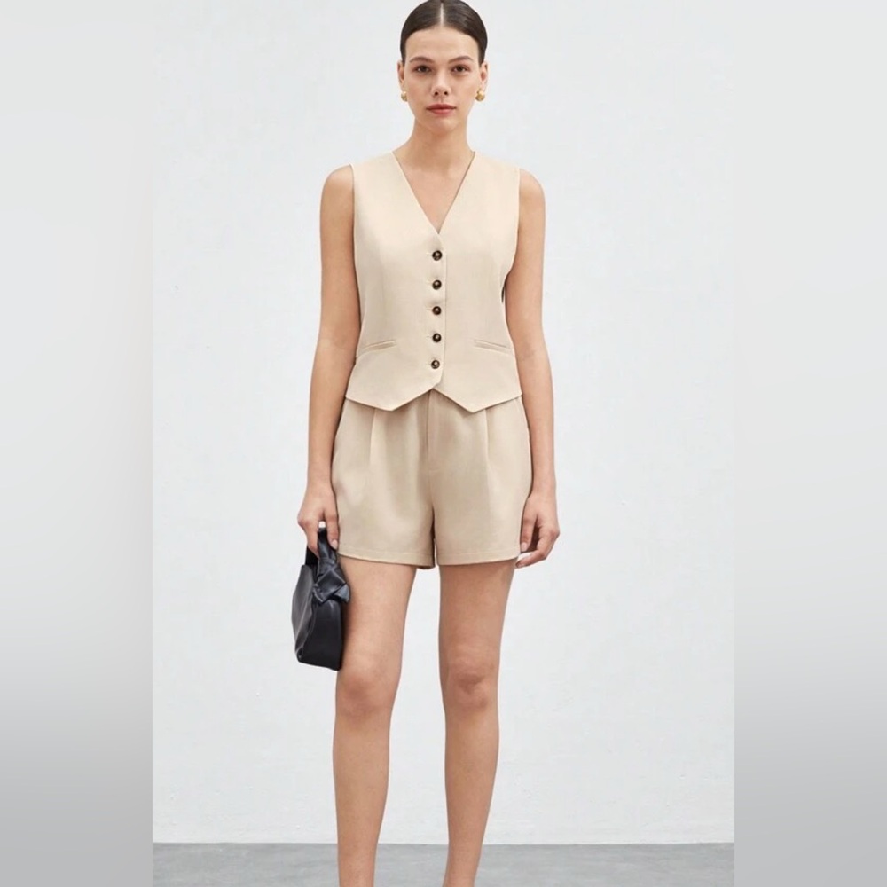 Beige Sleeveless Vest and Shorts Set